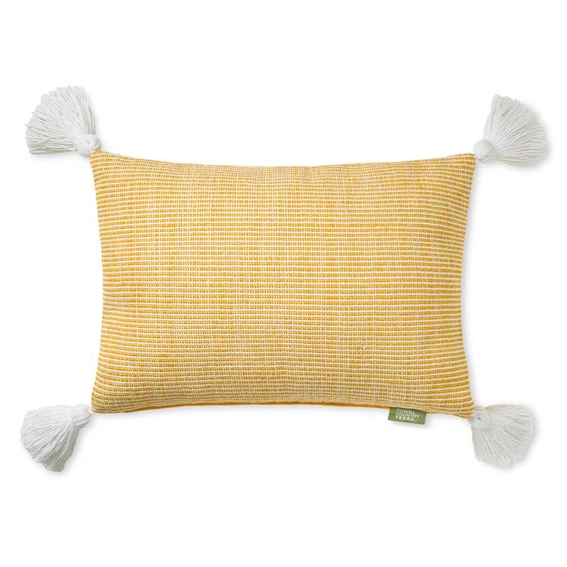 Yellow and Ivory Recycled Polyester Outdoor Pillow with Tassels