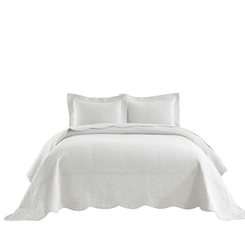 White Cotton Queen Quilt Bedspread Set with Embroidery