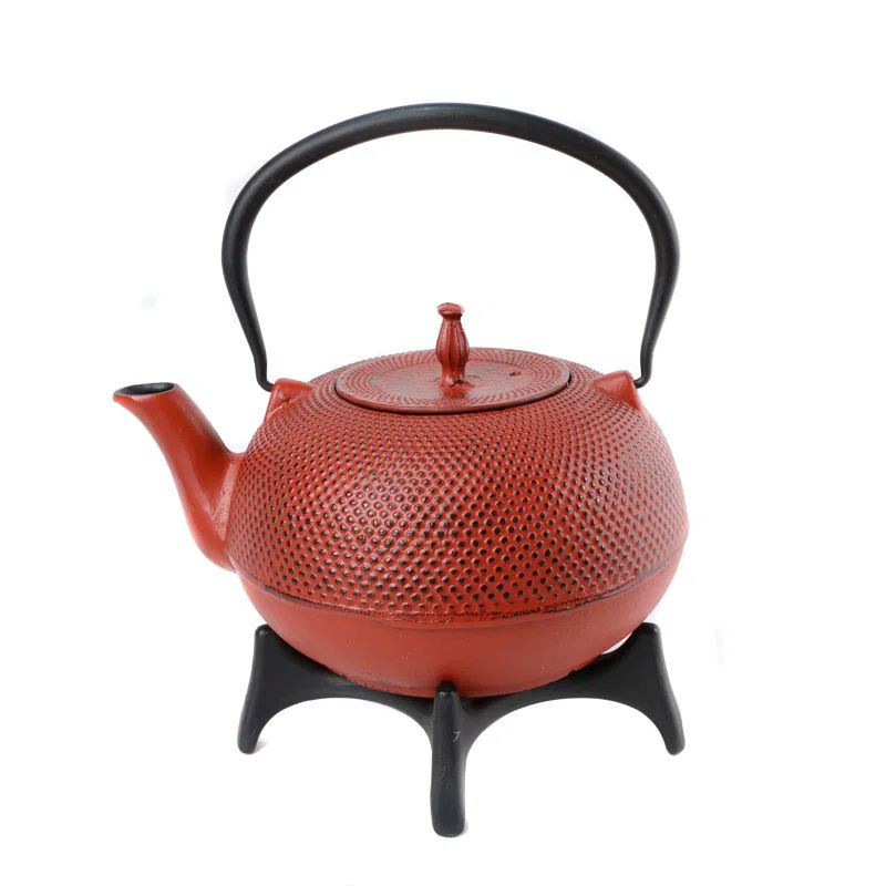 Red Tenshi Cast Iron Teapot with Hobnail Texture, 600ml