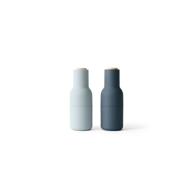 Blue and Beech Lid Bottle Shaped Salt and Pepper Grinder Set