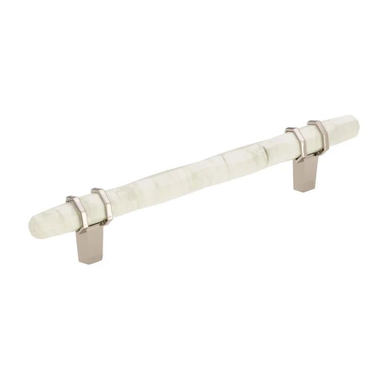 Marble White and Polished Nickel Modern Bar Pull with Mounting Hardware