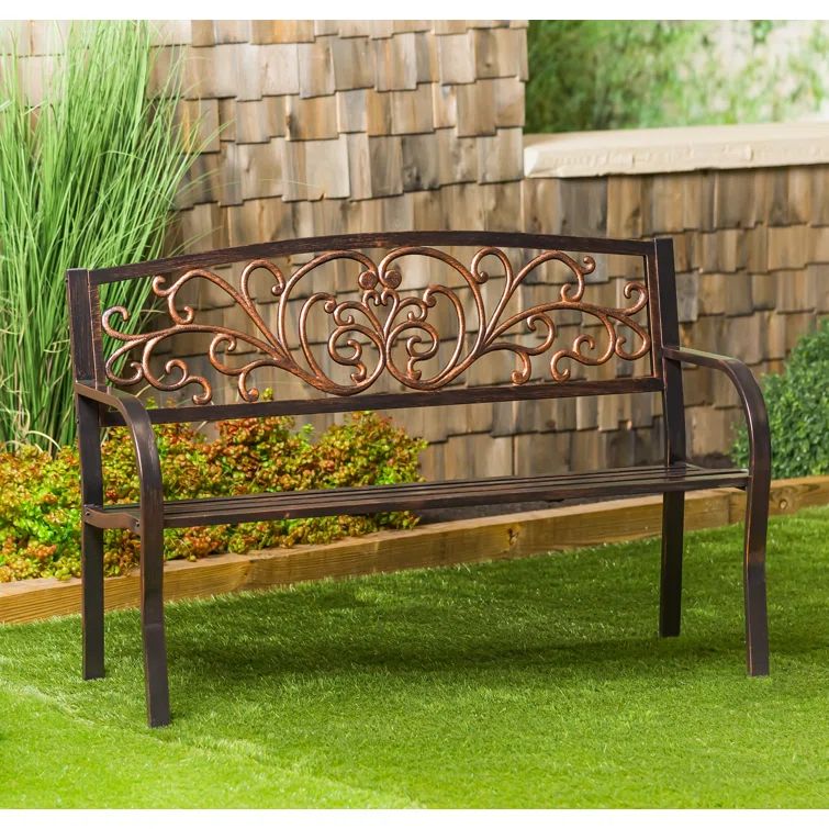 Blooming Bronze Metal Garden Bench with Scrollwork and Vines