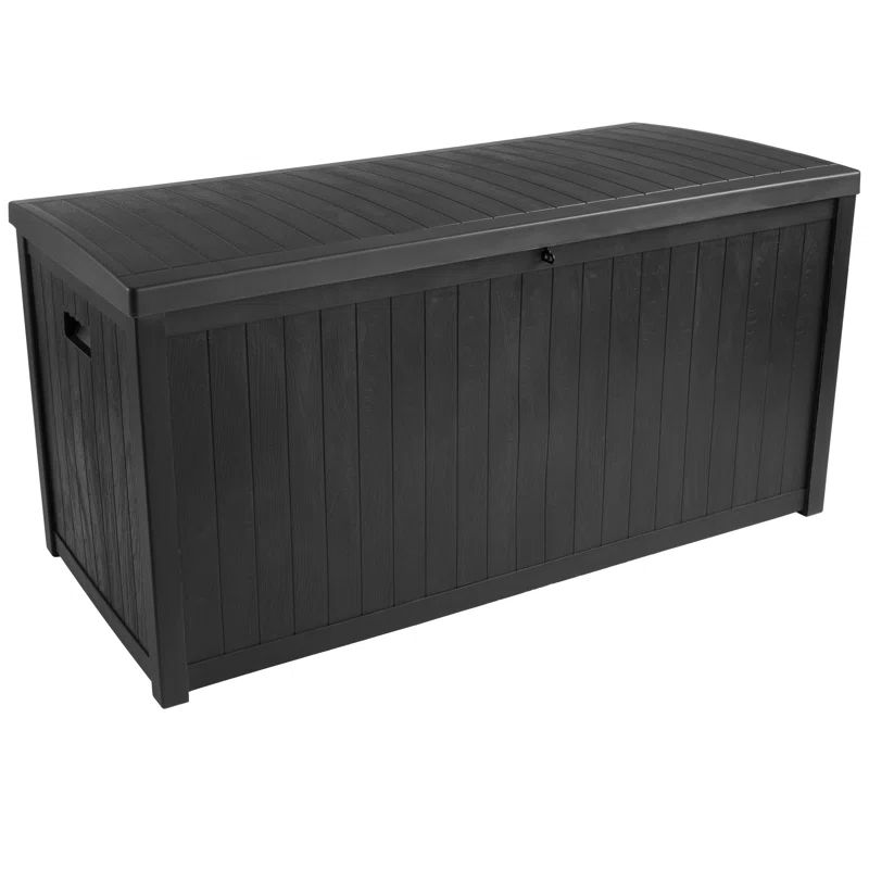 113 Gallon Black Faux Wood Lockable Deck Storage Box