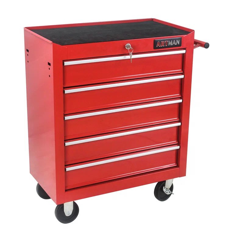 Red Steel 5-Drawer Rolling Tool Chest with Lockable Drawers