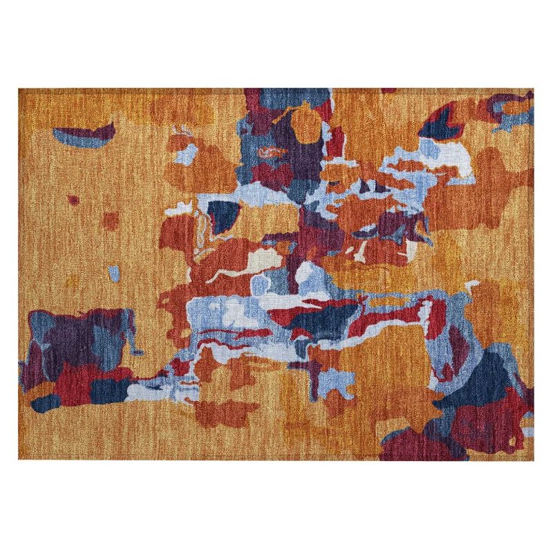 Copper Abstract Washable Synthetic Rectangular Rug