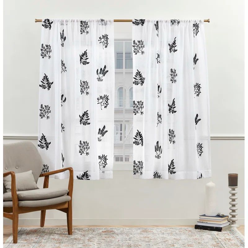 Gold Embroidered Sheer Rod Pocket Window Drapes, Set of 2