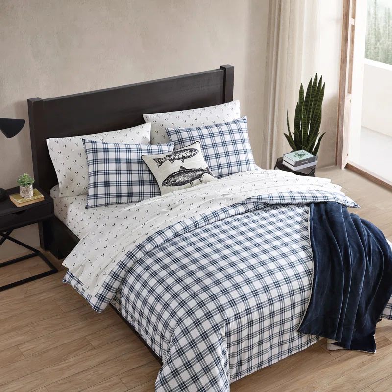 Navy Blue Plaid Cotton Full/Queen Duvet Set with Shams