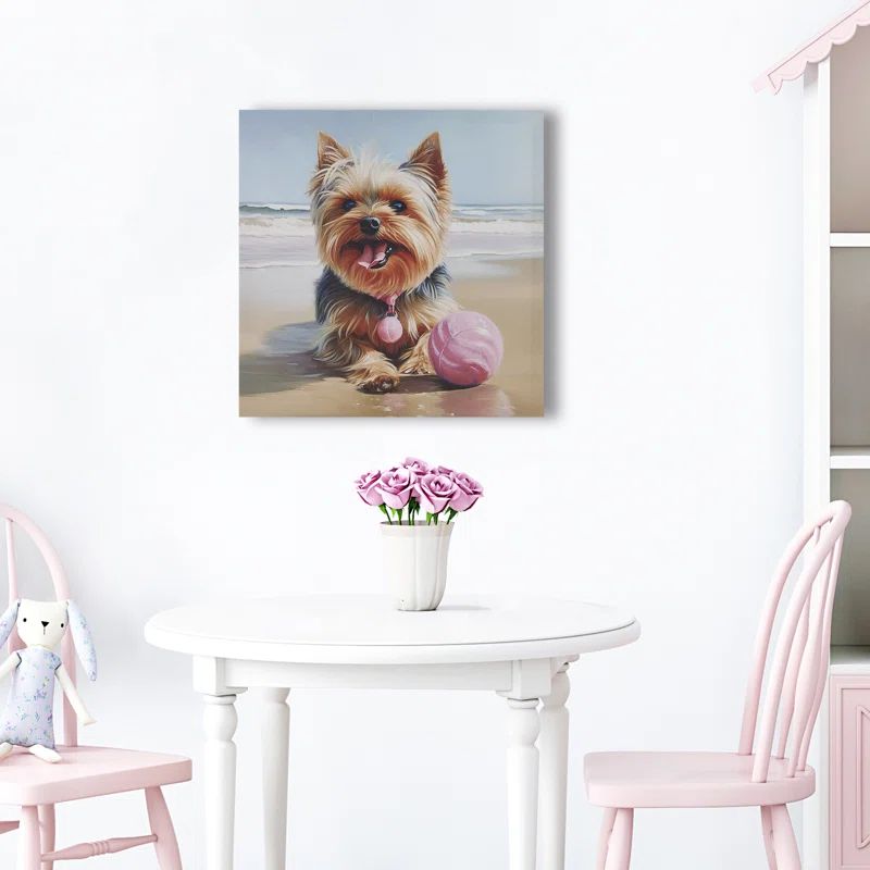 Playful Yorkie Beach Adventure Canvas Wall Art, 16" x 16"