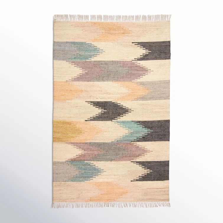 Cara Southwestern Blue Geometric Wool 9' x 12' Dhurrie Rug
