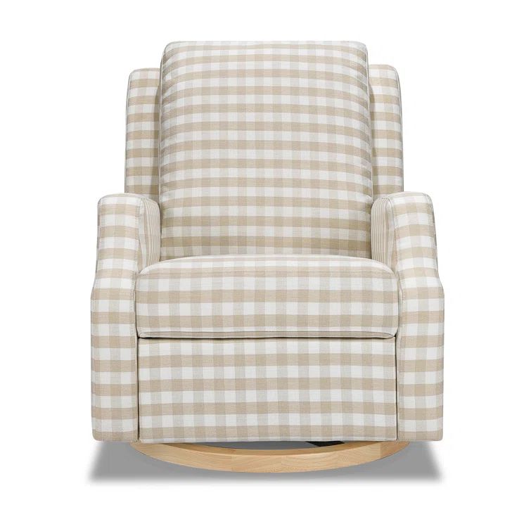 Tan Gingham Velvet Swivel Recliner with Light Wood Base