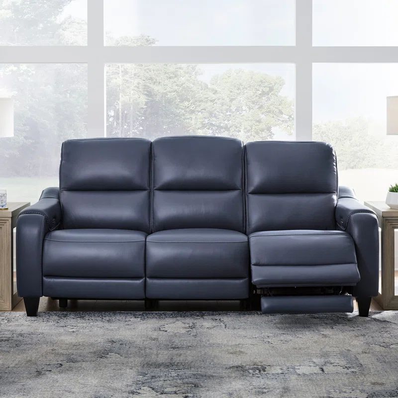 Blue Faux Leather Power Reclining Sofa with Adjustable Headrest