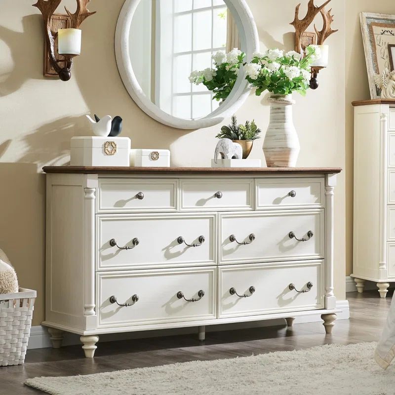 Antique White Farmhouse 7-Drawer Wood Dresser Chest