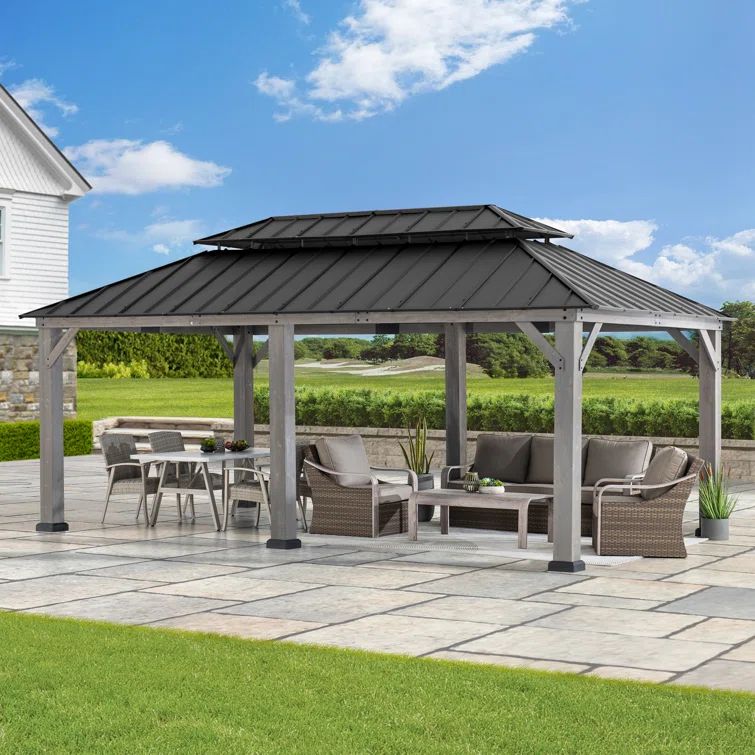 Large Matte Black and Gray Cedar Wood Outdoor Gazebo