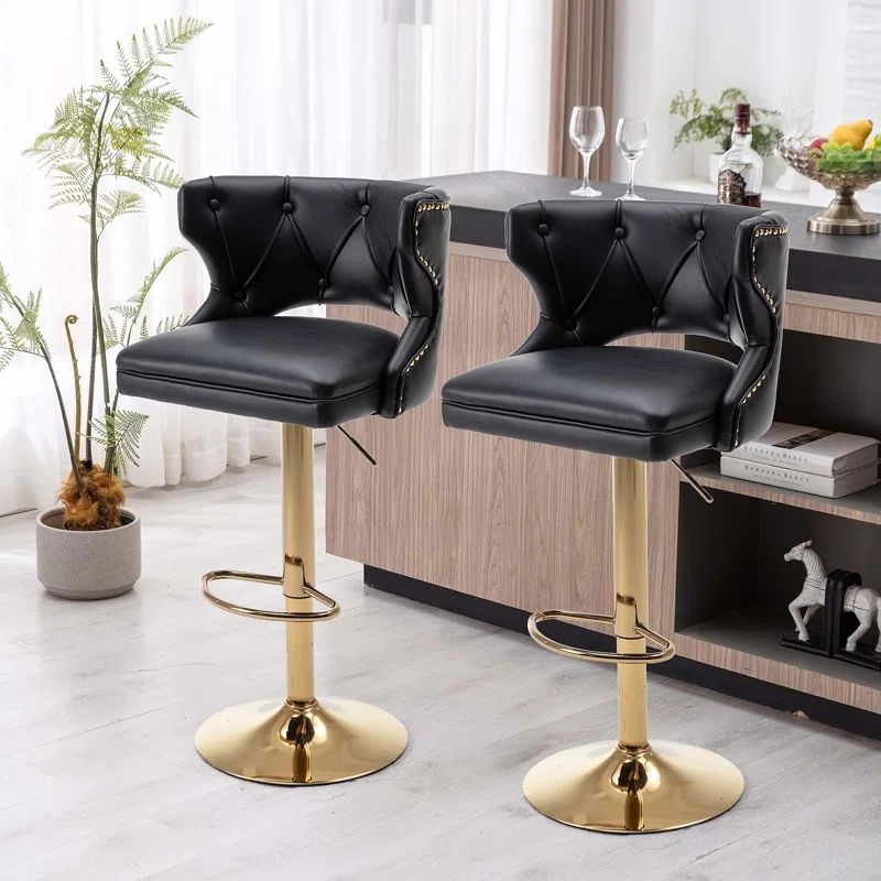 Black Faux Leather Adjustable Swivel Bar Stools with Gold Base, Set of 2