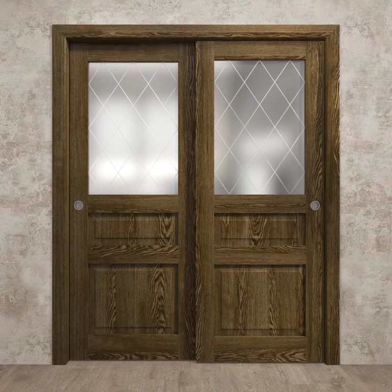 Marble Oak Solid Wood Sliding Closet Doors with Frosted Glass Panels