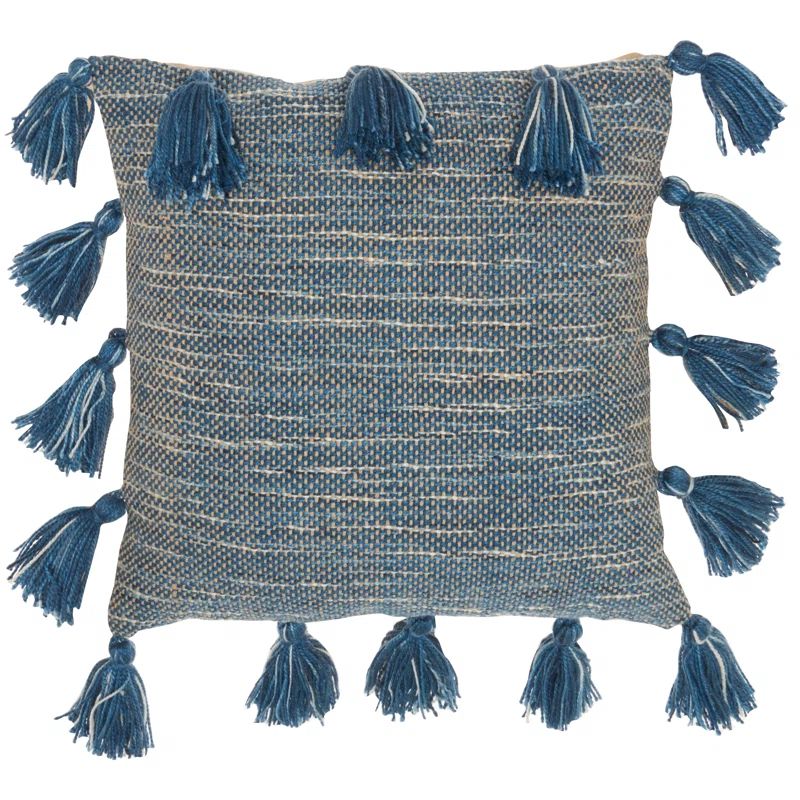 Navy Woven Cotton Throw Pillow with Tassels, 18" x 18"