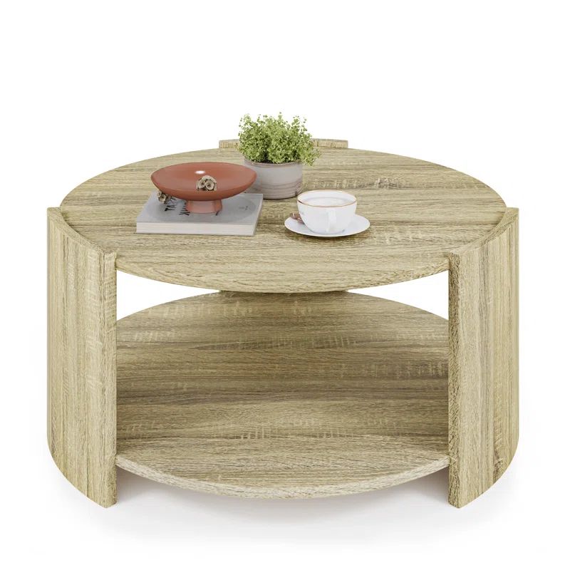 Light Brown Round Wood Coffee Table with 2-Tier Storage