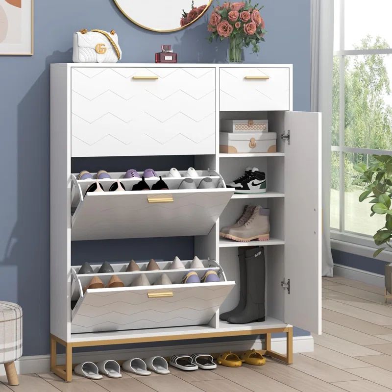 White MDF Shoe Storage Cabinet with Gold Metal Handles