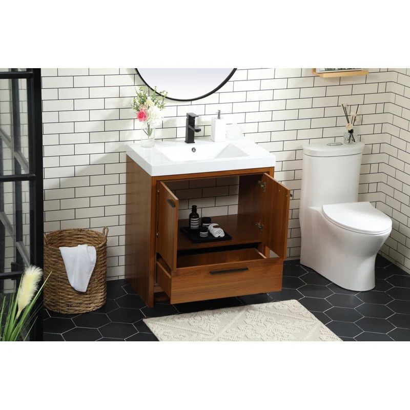 Teak and White MDF Single Bathroom Vanity with Resin Top