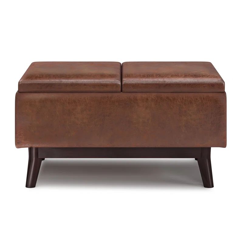 Owen Distressed Saddle Brown Faux Leather Storage Ottoman with Tray
