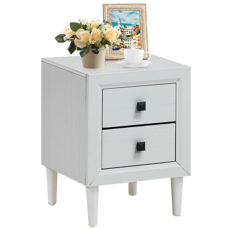 White Engineered Wood Nightstand with Rubber Wood Legs and 2 Drawers