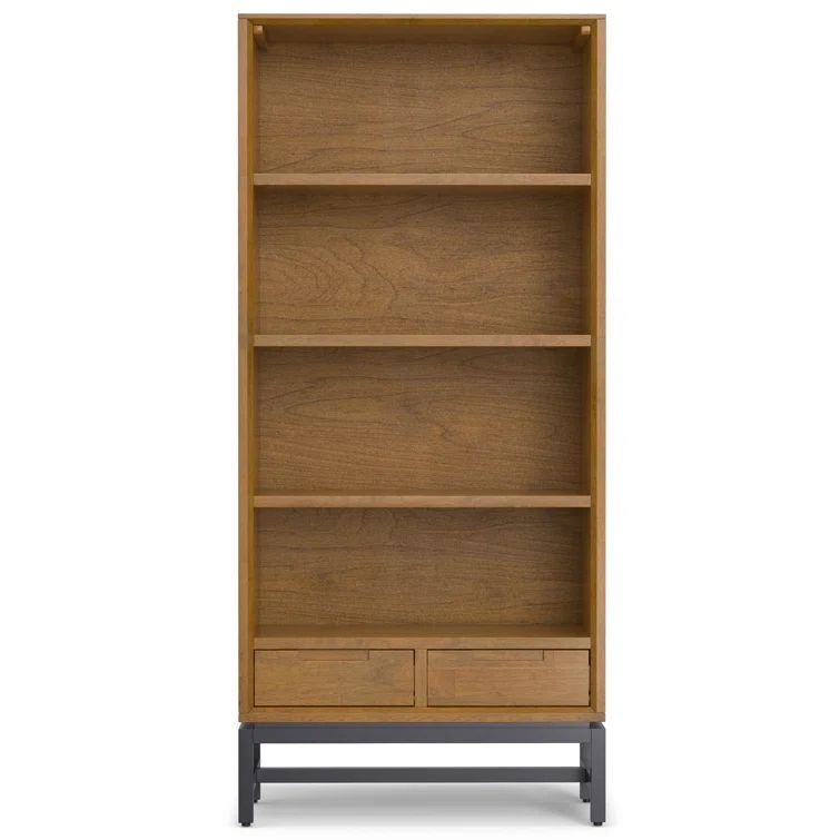 Medium Saddle Brown Rubberwood Bookcase with Adjustable Shelves and Metal Base