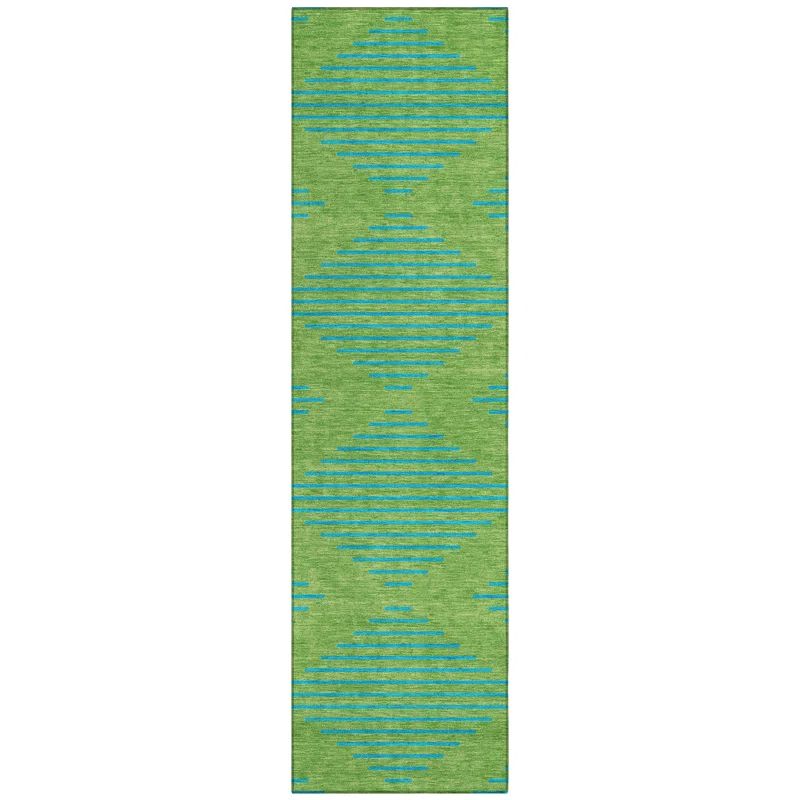 Green Geometric Diamond Motif Washable Runner Rug