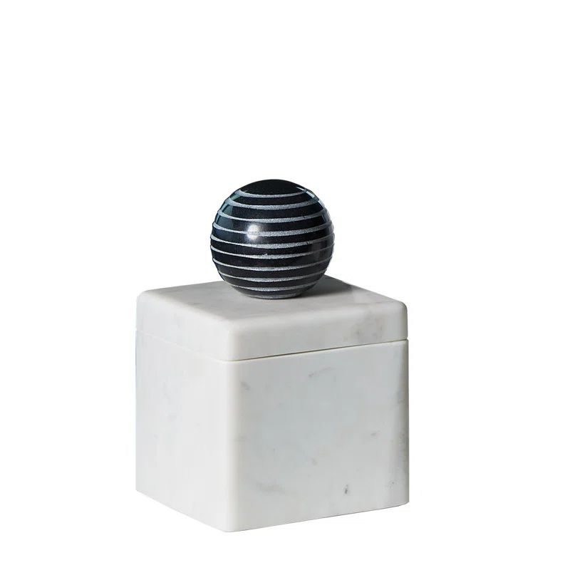 Small White Marble Decorative Box with Black Marble Handle