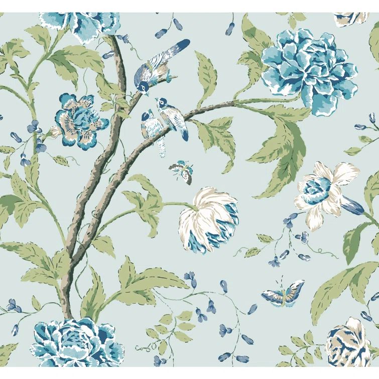 Light Blue Floral and Bird Removable Wallpaper Roll