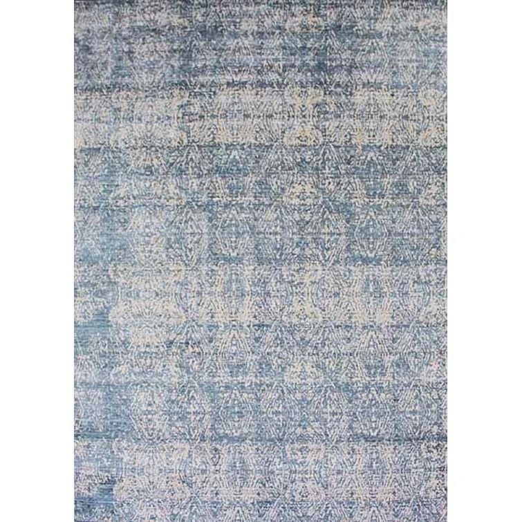 Handmade Blue and Beige Wool Viscose 10' x 14' Rectangular Rug