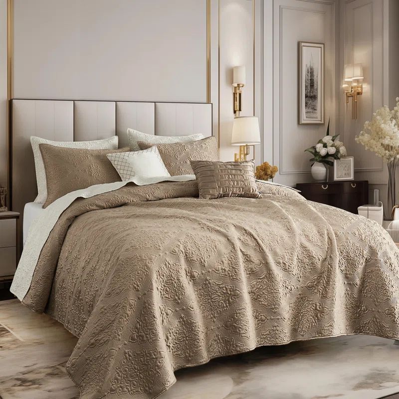 Khaki Queen Reversible Satin Quilt Set with Embroidery
