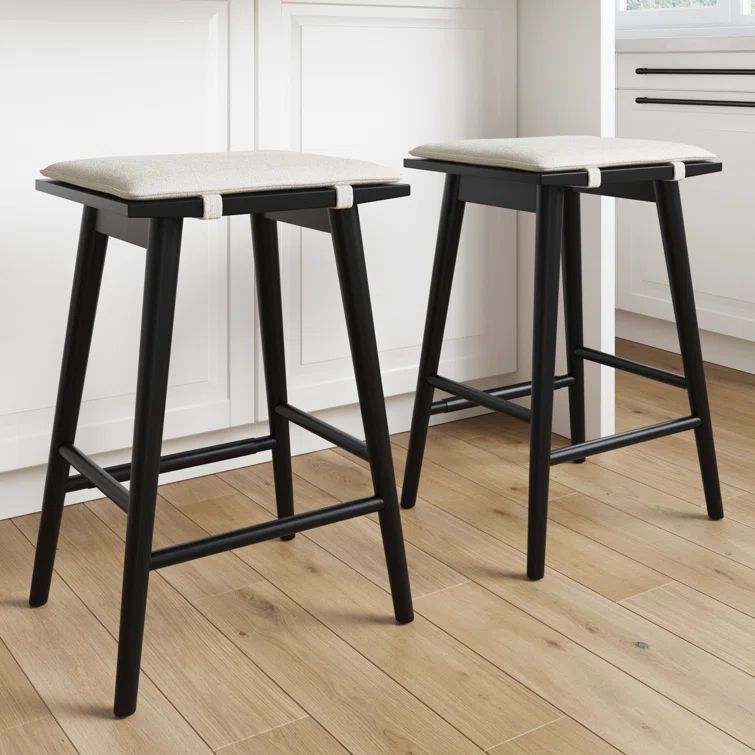 Nathan James Black Wood Saddle Counter Stools with Cushions, Set of 2