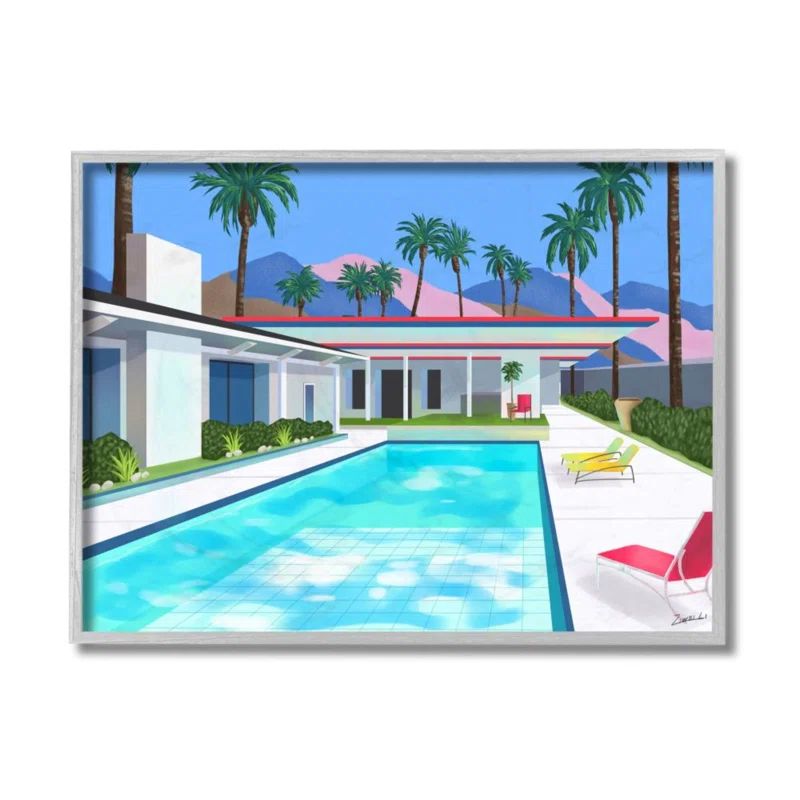 Modern Architecture Tropical Palm Trees Canvas Print with Gray Frame