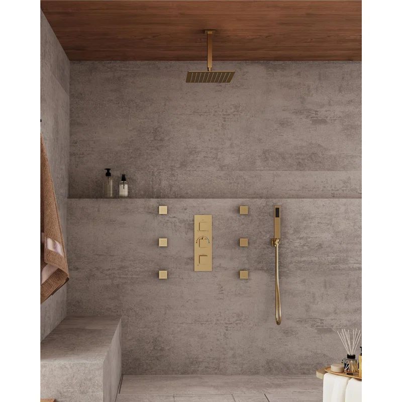 Large Brushed Gold Brass Dual Square Ceiling Mounted Shower System