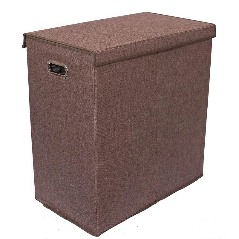 Brown Polyester Linen Collapsible Double Laundry Hamper with Lid