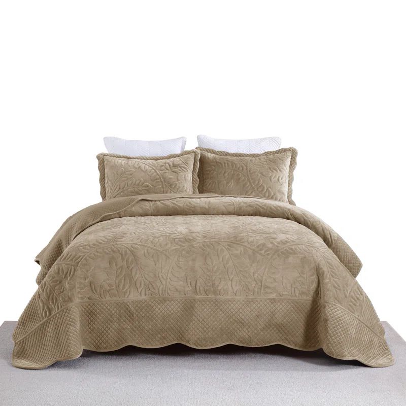 Camel King Size Velvet Quilt Set with Embroidered Leaf Design