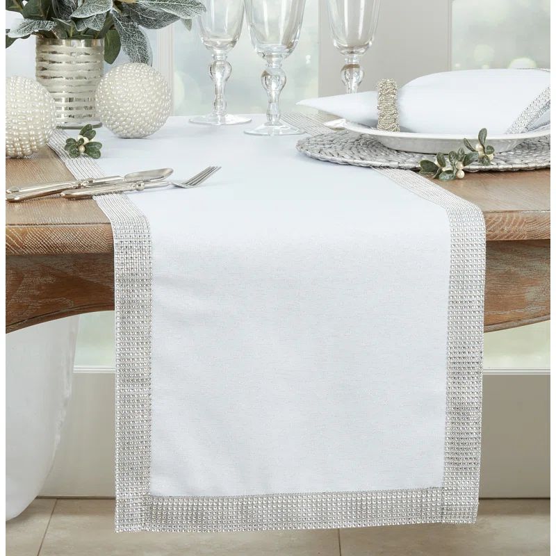 White Polyester Studded Design Table Runner