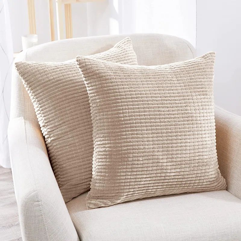 Cream Corduroy Striped 16" x 16" Pillow Covers, Set of 2