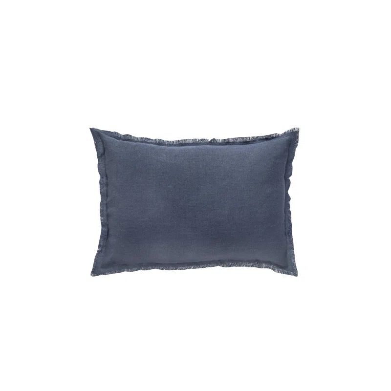 Navy Blue Linen Lumbar Pillow with Fringed Edges
