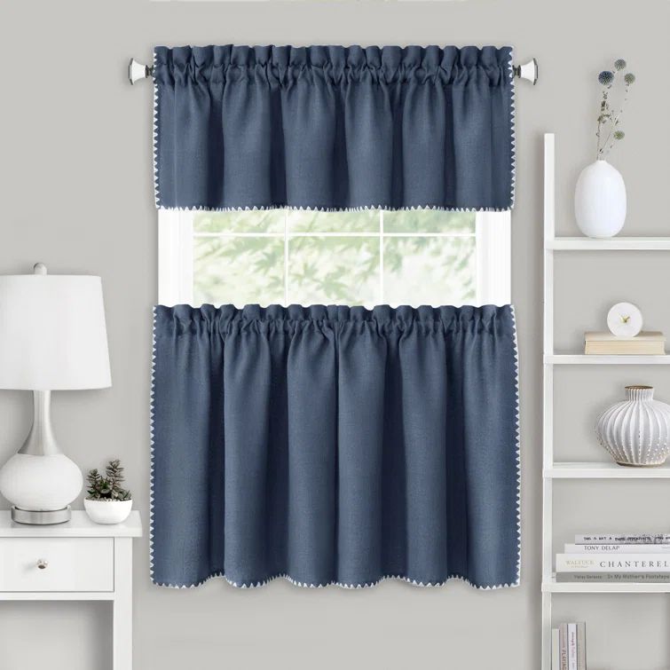Blue Polyester Light-Filtering Rod Pocket Kitchen Curtain Set