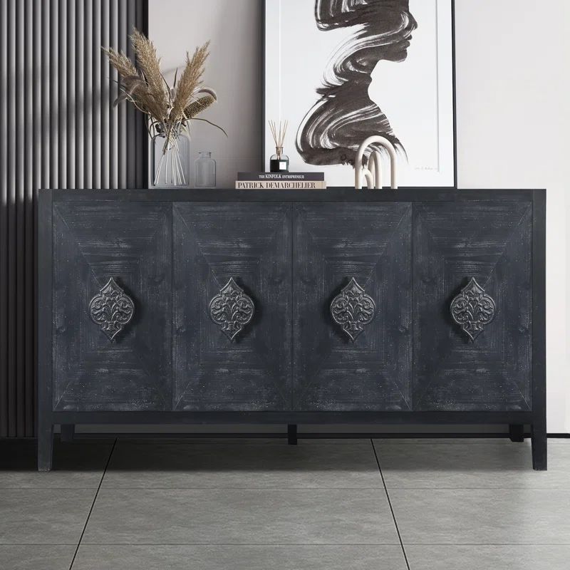 Antique Black Four Door Wooden Cabinet with Carved Handles