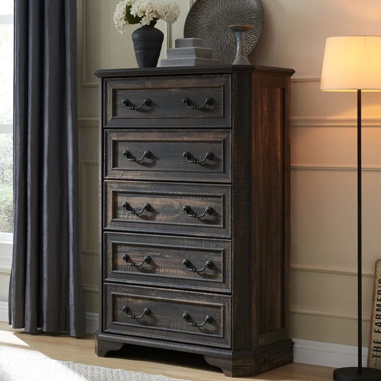 Dark Rustic Oak Farmhouse 5-Drawer Vertical Wood Dresser