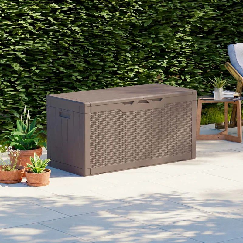 Light Brown Lockable Wicker Resin Deck Box, 100 Gallon