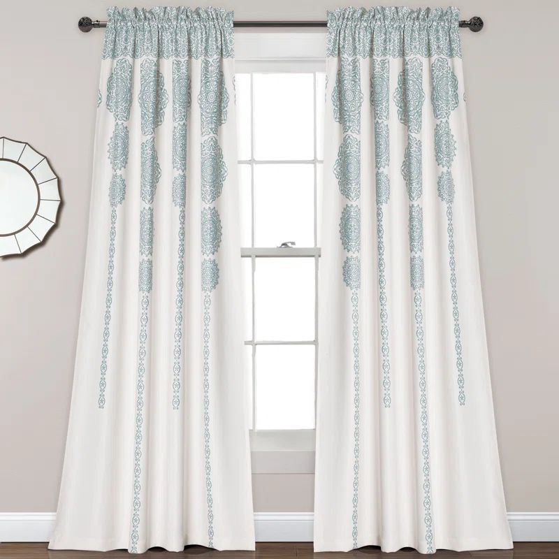 Blue Polyester Medallion Room Darkening Curtain Panels