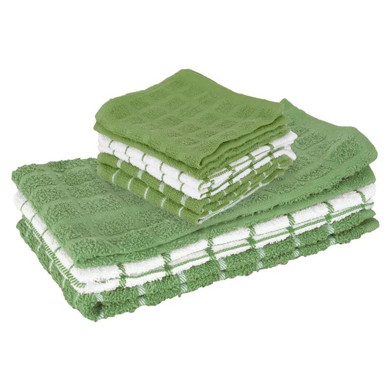 Green and White Cotton Terry Kitchen Towel and Dish Cloth Set, 9-Piece