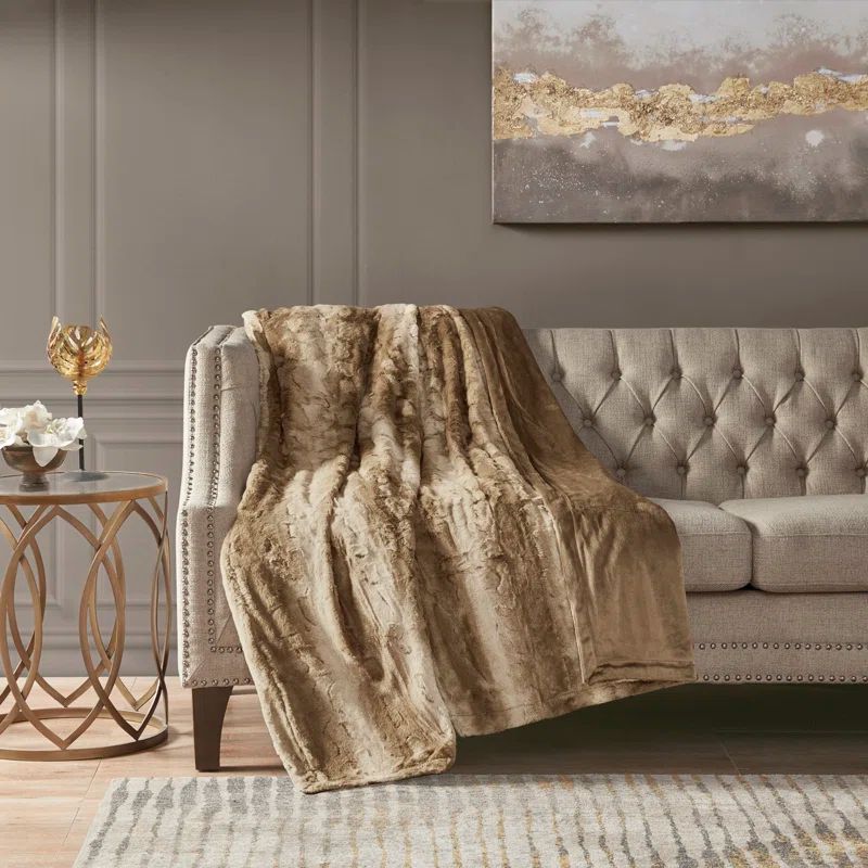 Luxurious Marselle 60"x70" Faux Fur Throw Blanket in Tan