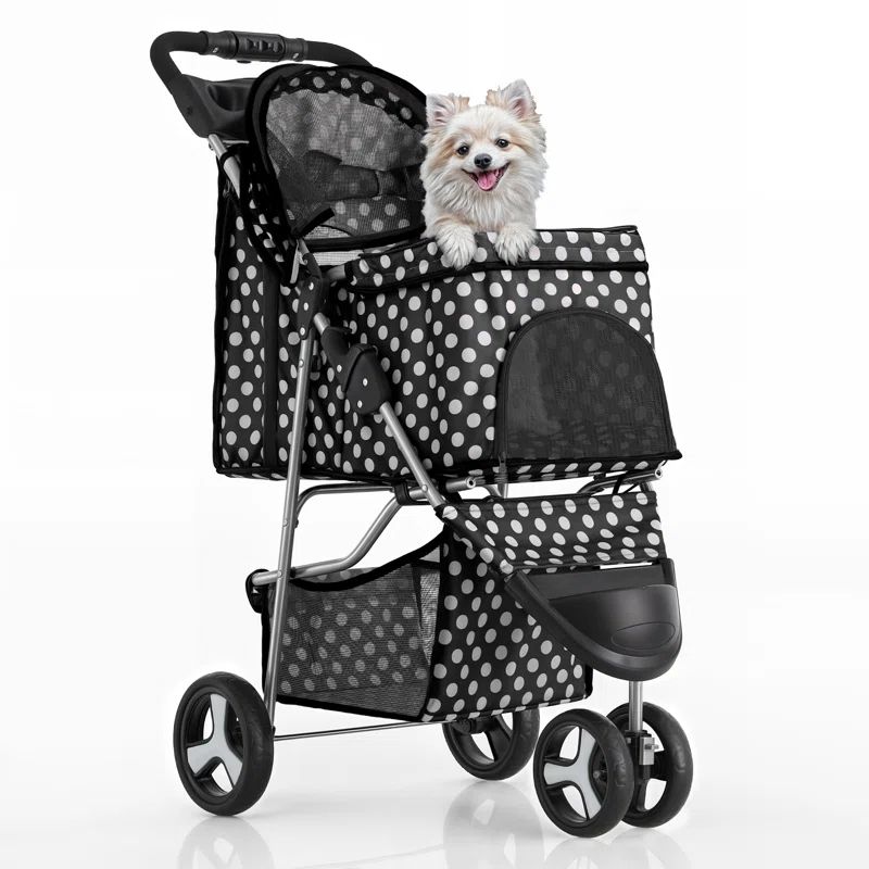 Black and White Polka Dot Foldable Dog Stroller with Storage