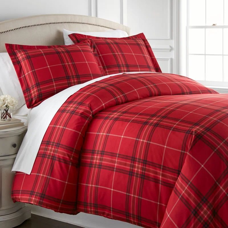 Plaid Red Full/Queen Flannel Duvet Cover Set with Shams