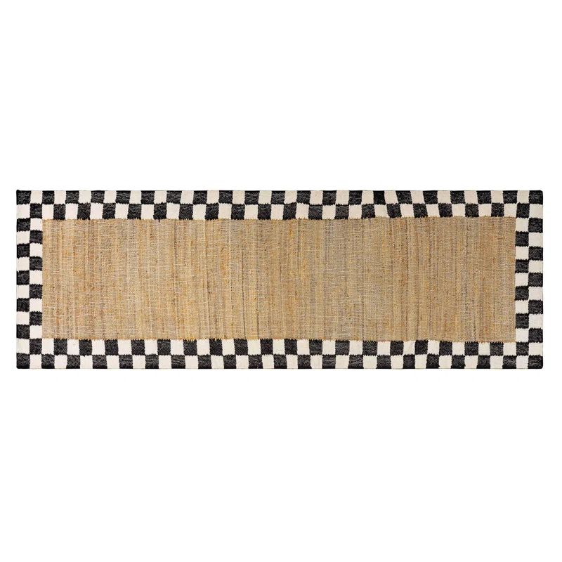 Hand Hooked Black and Beige Wool and Jute Runner Rug