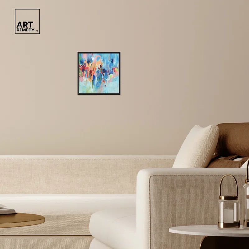 13" x 13" Blue and Multicolor Abstract Canvas Print with Black Frame